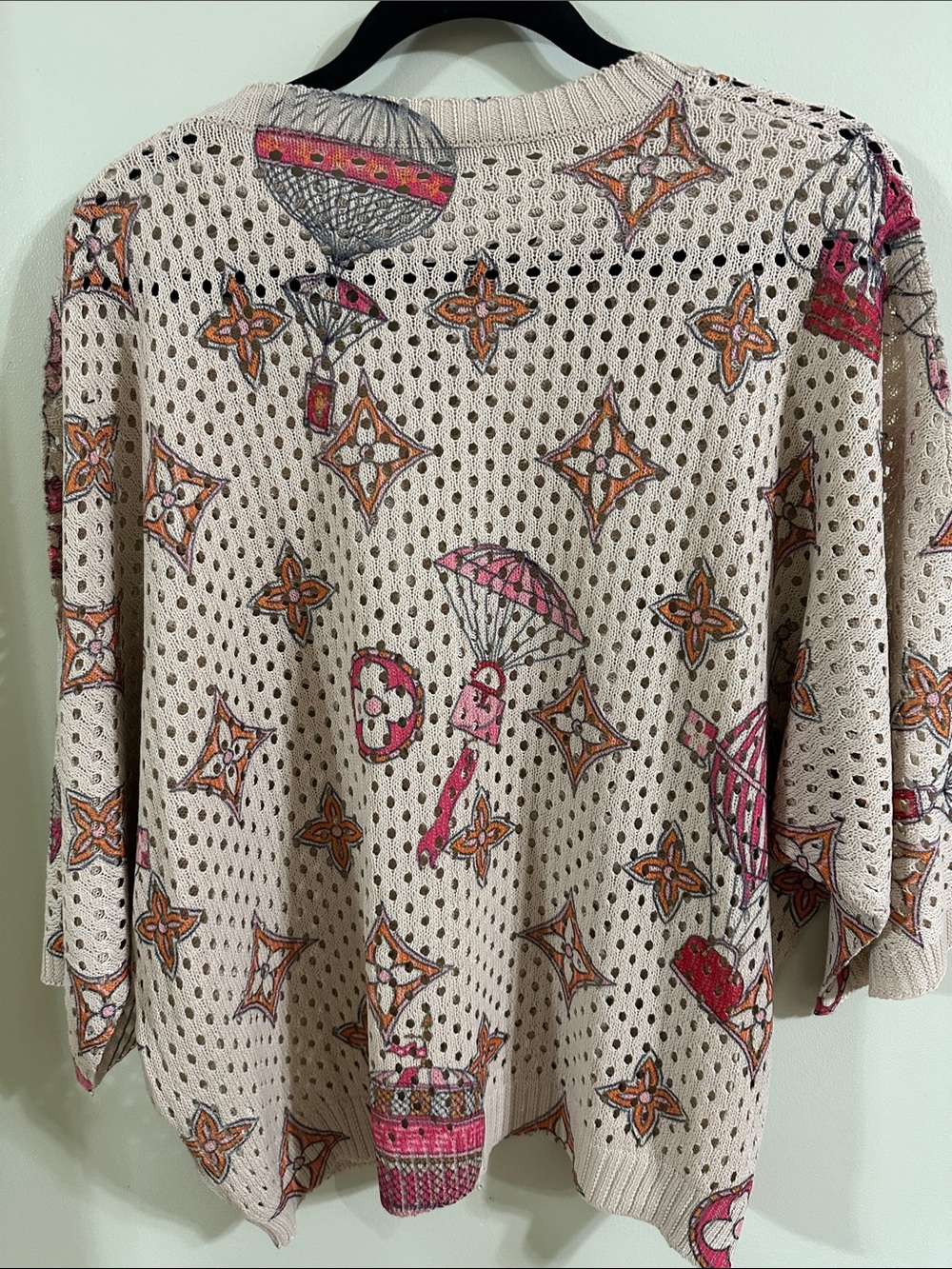 Cream Open-Knit Pullover Sweater with Pink & Orange Motif - Women's Top - Picture 5 of 5
